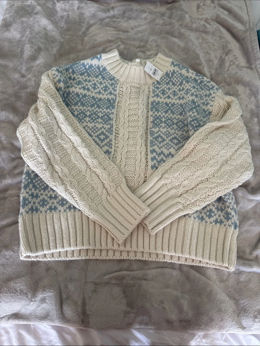 Cream and Light Blue Cable Knit Sweater - Men